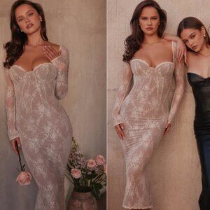 HOUSE OF CB 'Saisha' Ivory Lace Long Sleeve Midi Dress NWOT